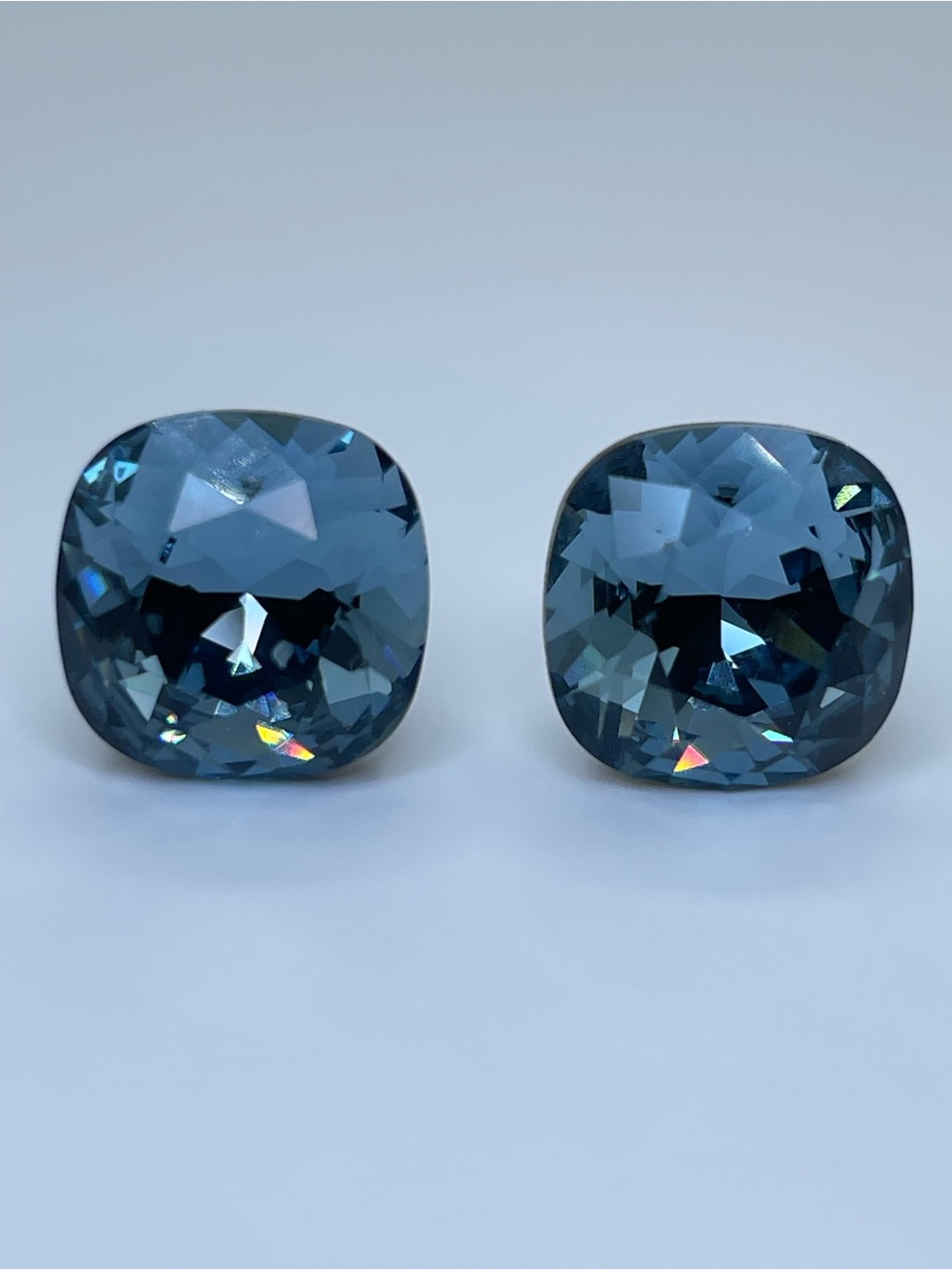 Stunning Blue Cushion Cut Crystal Glass Stud Earrings Silver Tone Statement